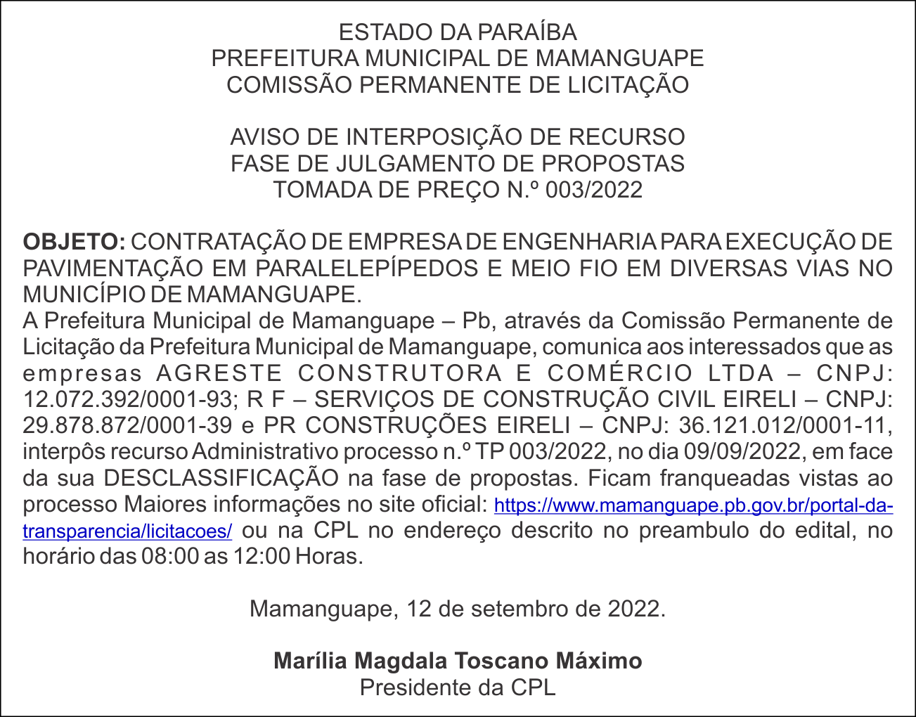 PREFEITURA MUNICIPAL DE MAMANGUAPE – AVISO DE INTERPOSIÇÃO DE RECURSO FASE DE JULGAMENTO DE PROPOSTAS – TOMADA DE PREÇO N.º 003/2022