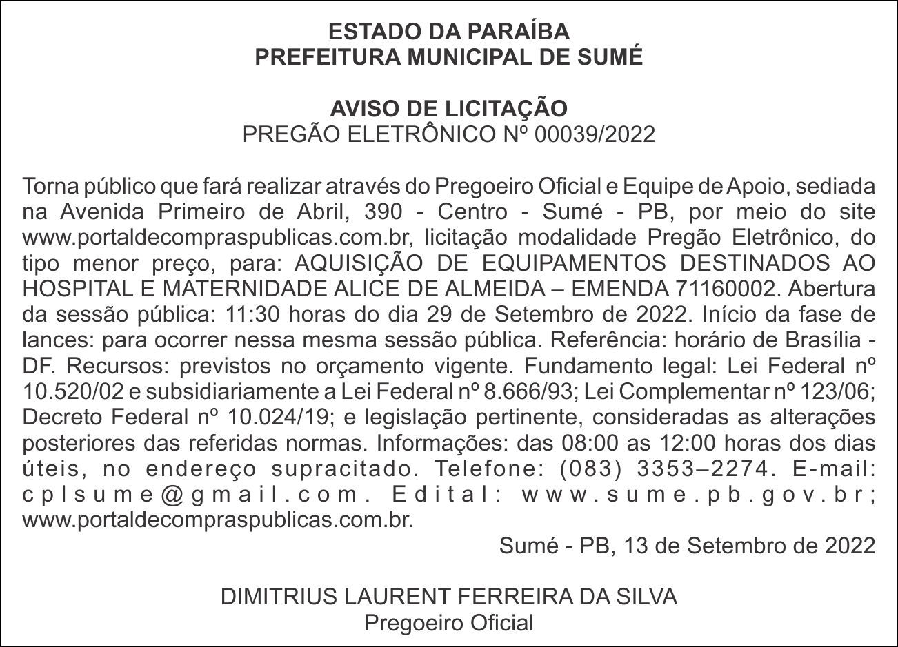 PREFEITURA MUNICIPAL DE SUMÉ – AVISO DE LICITAÇÃO – PREGÃO ELETRÔNICO Nº 00039/2022