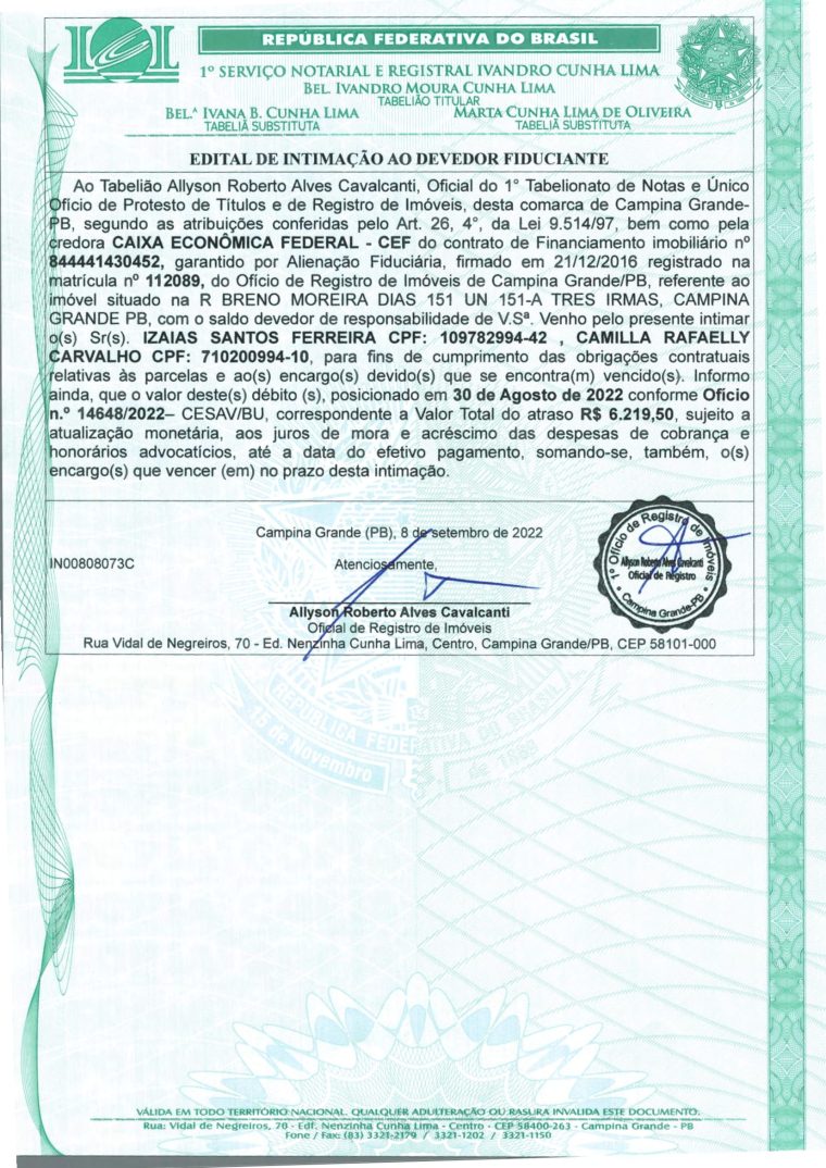 EDITAL DE INTIMAÇÃO AO DEVEDOR FIDUCIANTE