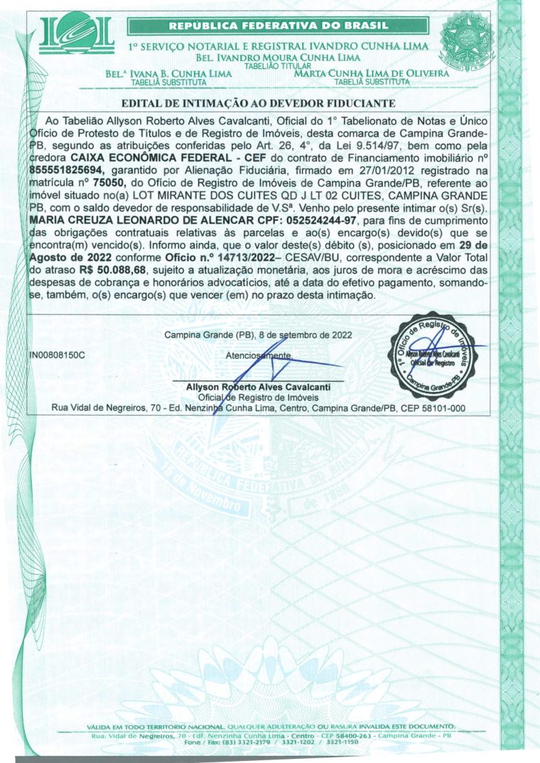 EDITAL DE INTIMAÇÃO AO DEVEDOR FIDUCIANTE