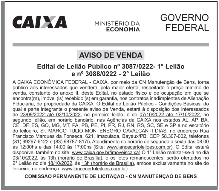 CAIXA ECONÔMICA FEDERAL – DF – BRASILIA – Aviso de Venda Leilão Público 3087_0222_Nacional
