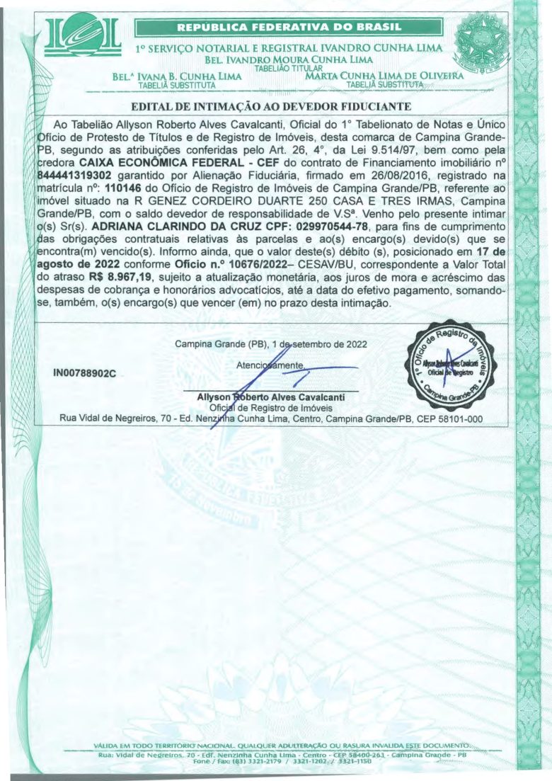 EDITAL DE INTIMAÇÃO AO DEVEDOR FIDUCIANTE