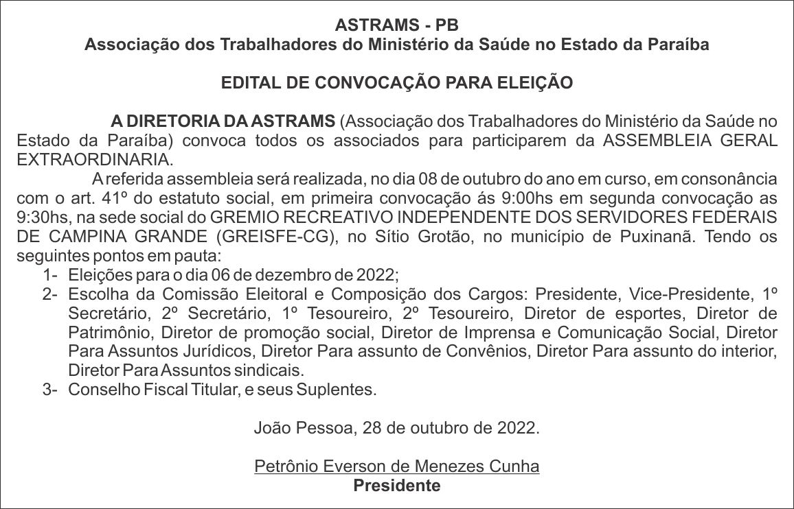 ASTRAMS – PB – EDITAL DE CONVOCAÇÃO PARA ELEIÇÃO