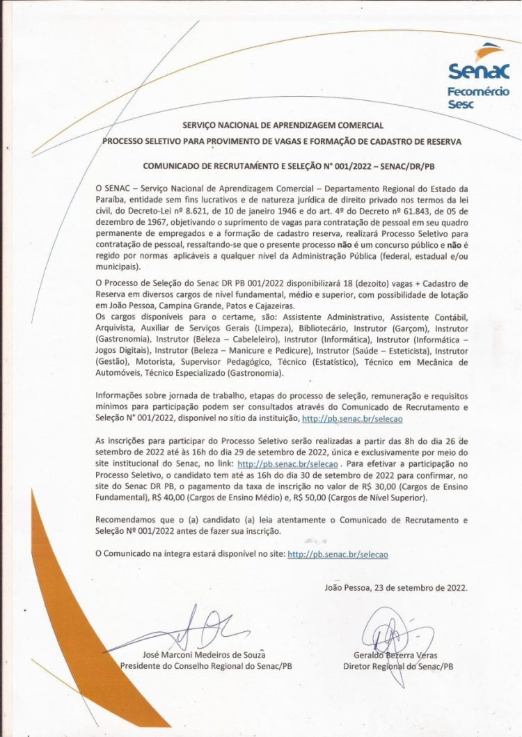 SENAC/DR/PB – PROCESSO SELETIVO PARA PROVIMENTO DE VAGAS E FORMAÇÃO DE CADASTRO DE RESERVA – COMUNICADO DE RECRUTAMENTO E SELEÇÃO  N° 001/2022