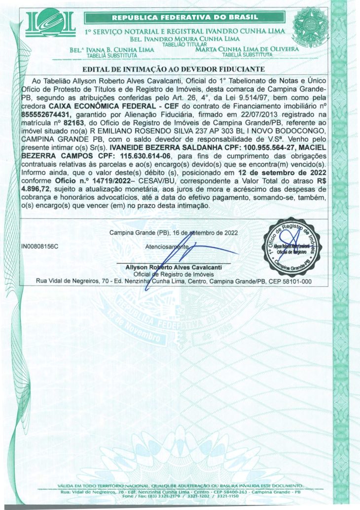 EDITAL DE INTIMAÇÃO AO DEVEDOR FIDUCIANTE