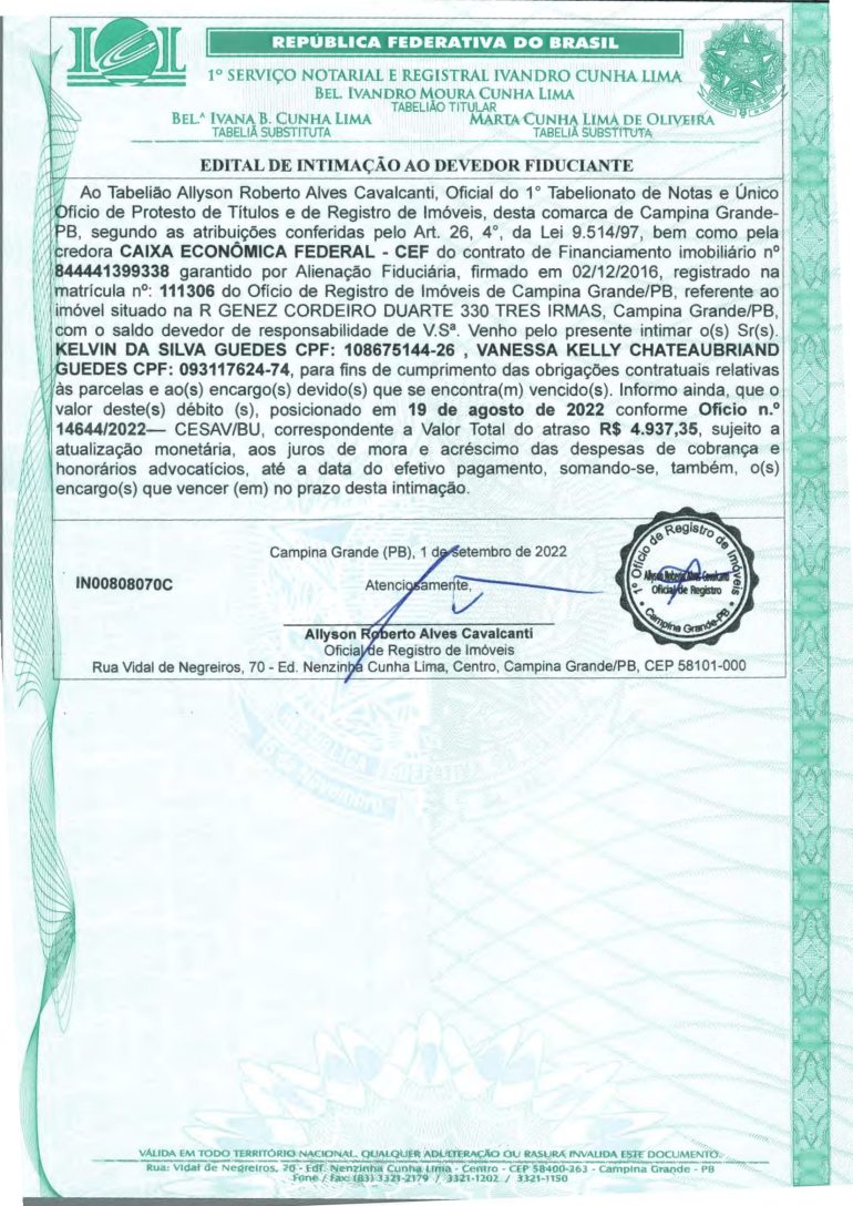 EDITAL DE INTIMAÇÃO AO DEVEDOR FIDUCIANTE