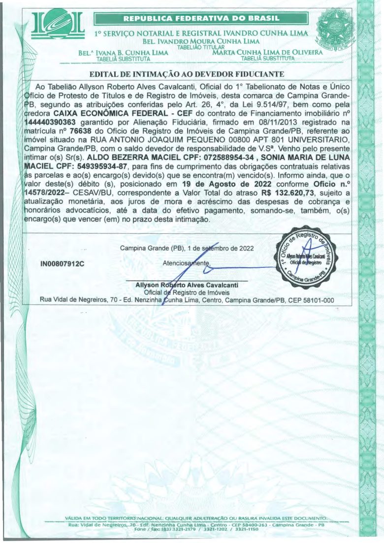 EDITAL DE INTIMAÇÃO AO DEVEDOR FIDUCIANTE