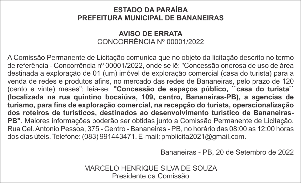 PREFEITURA MUNICIPAL DE BANANEIRAS – AVISO DE ERRATA CONCORRÊNCIA Nº 00001/2022