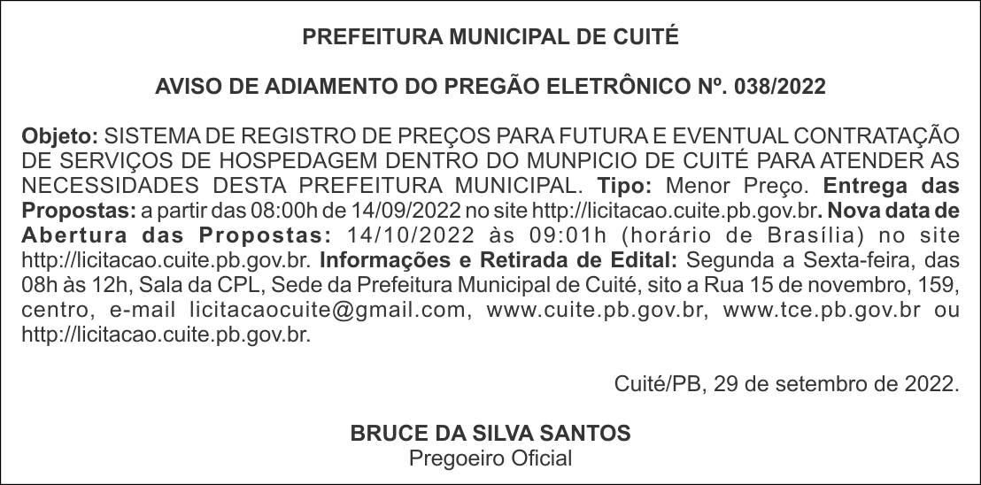 PREFEITURA MUNICIPAL DE CUITÉ – AVISO DE ADIAMENTO DO PREGÃO ELETRÔNICO Nº. 038/2022
