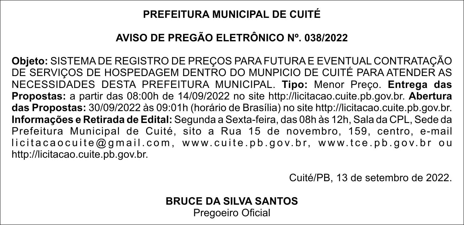 PREFEITURA MUNICIPAL DE CUITÉ – AVISO DE PREGÃO ELETRÔNICO Nº. 038/2022
