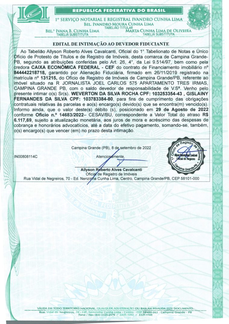 EDITAL DE INTIMAÇÃO AO DEVEDOR FIDUCIANTE