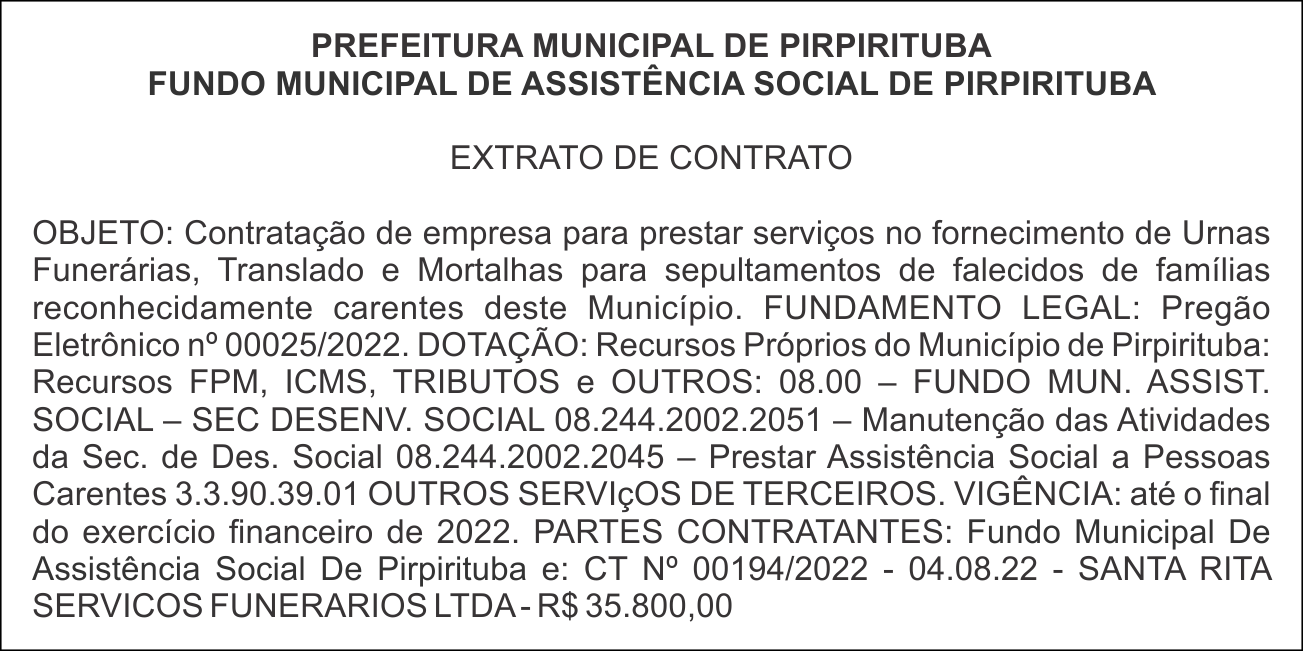 PREFEITURA MUNICIPAL DE PIRPIRITUBA – EXTRATO DE CONTRATO