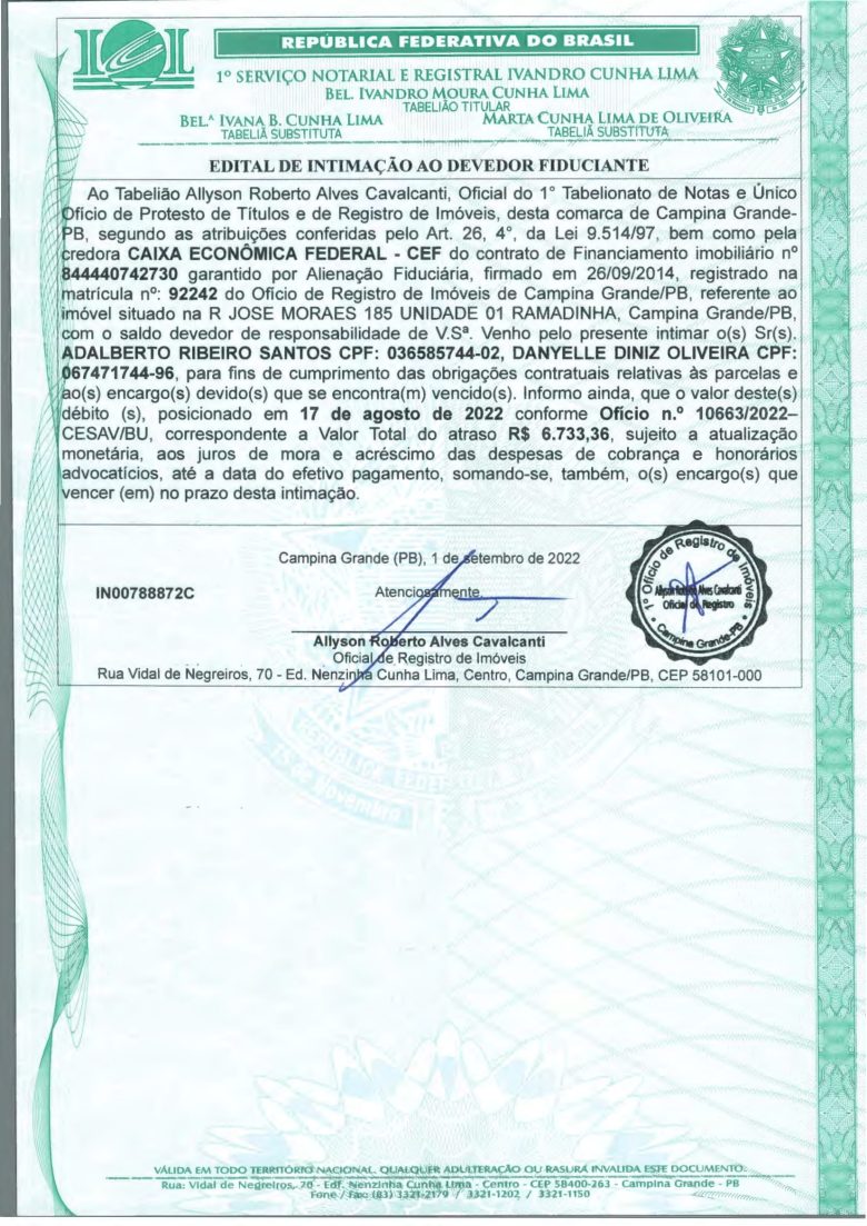 EDITAL DE INTIMAÇÃO AO DEVEDOR FIDUCIANTE