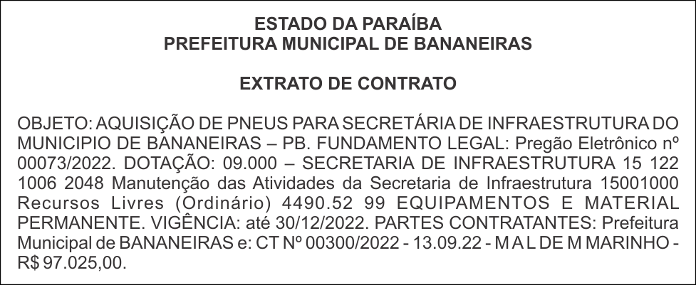 PREFEITURA MUNICIPAL DE BANANEIRAS – EXTRATO DE CONTRATO