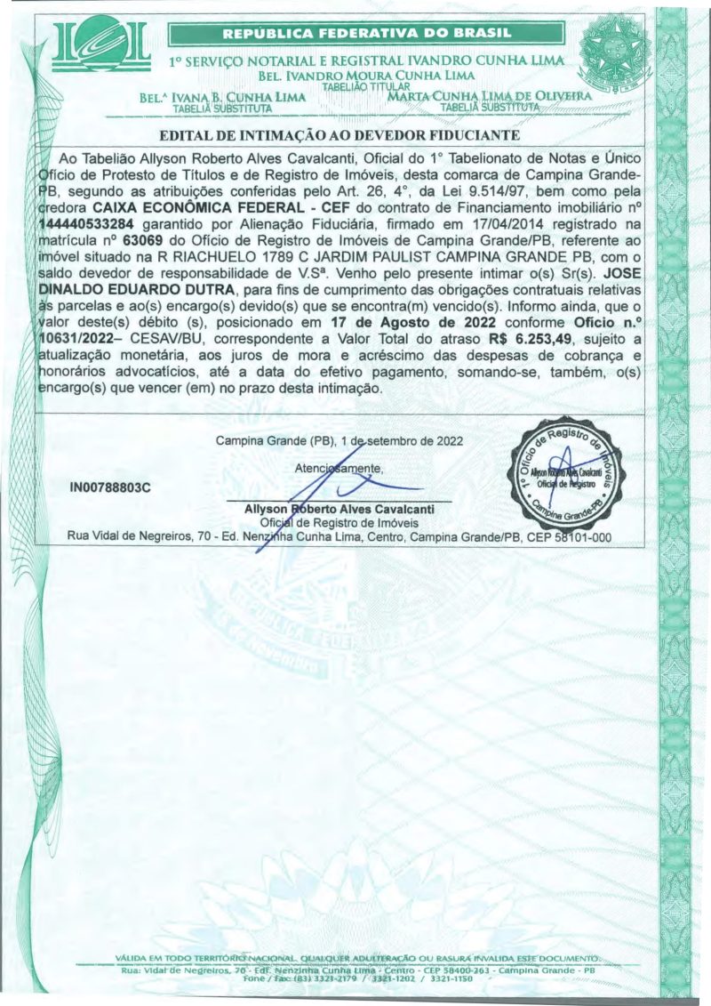EDITAL DE INTIMAÇÃO AO DEVEDOR FIDUCIANTE
