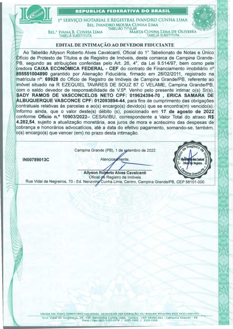 EDITAL DE INTIMAÇÃO AO DEVEDOR FIDUCIANTE