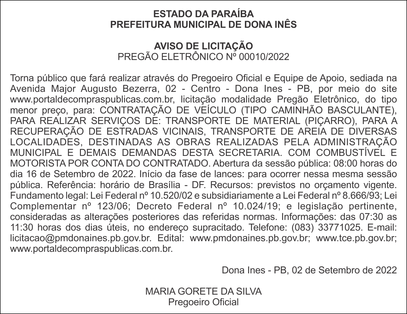 PREFEITURA MUNICIPAL DE DONA INÊS – AVISO DE LICITAÇÃO – PREGÃO ELETRÔNICO Nº 00010/2022