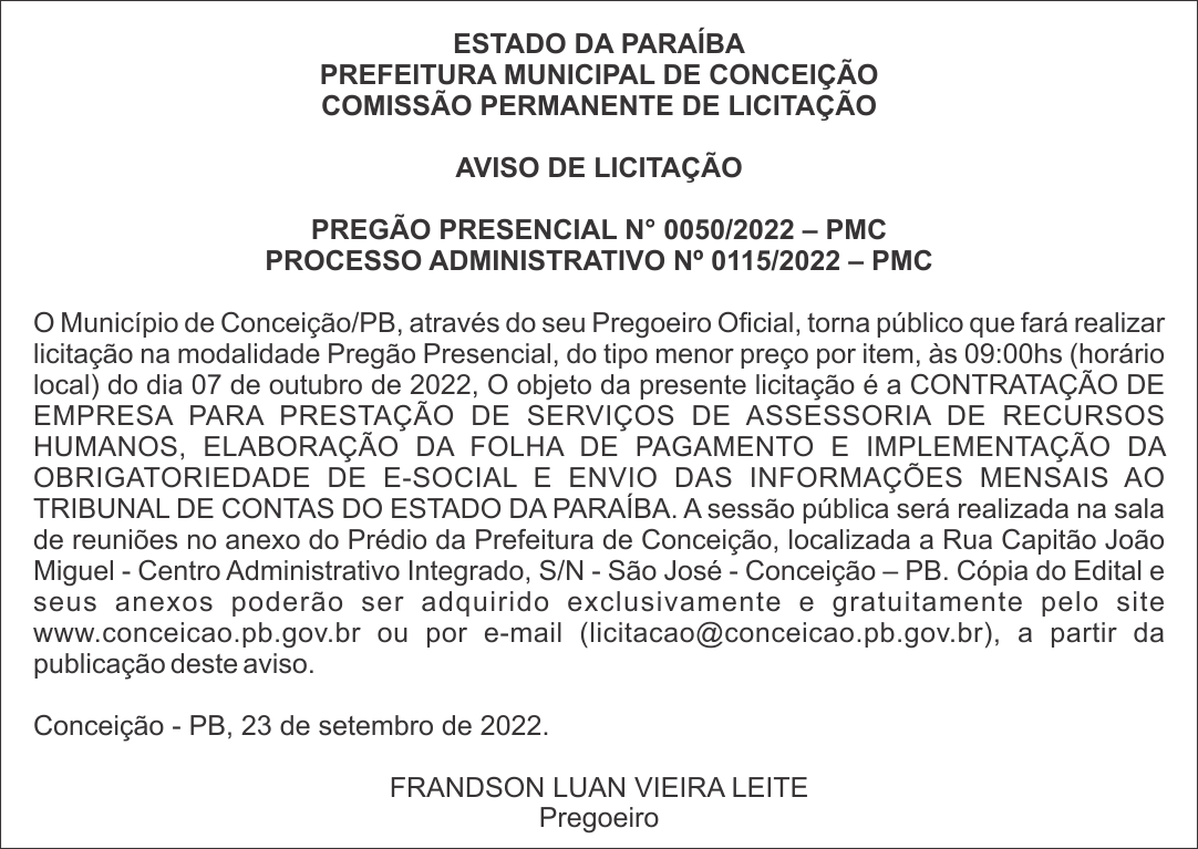 PREFEITURA MUNICIPAL DE CONCEIÇÃO – AVISO DE LICITAÇÃO  – PREGÃO PRESENCIAL N° 0050/2022 – PMC