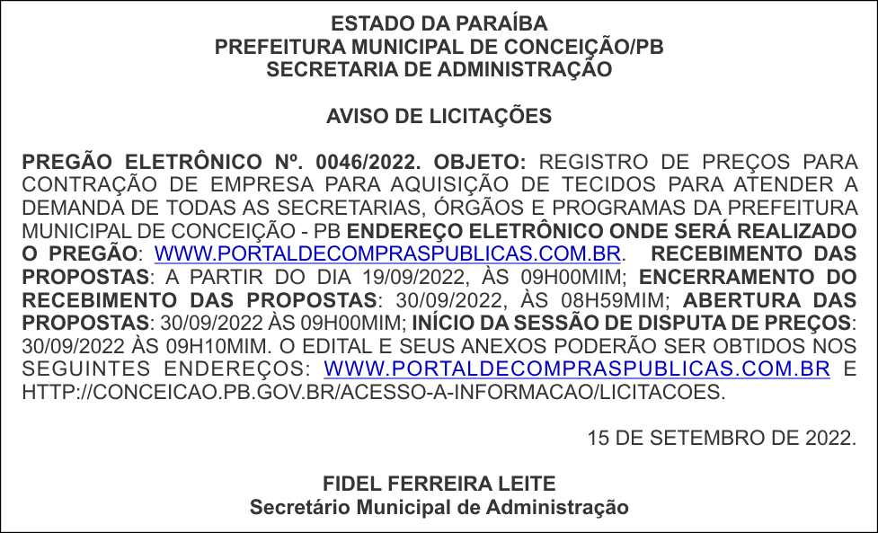 PREFEITURA MUNICIPAL DE CONCEIÇÃO/PB – AVISO DE LICITAÇÕES – PREGÃO ELETRÔNICO N°. 0046/2022.