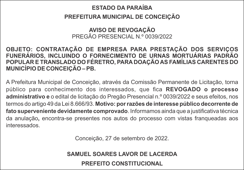 PREFEITURA MUNICIPAL DE CONCEIÇÃO – AVISO DE REVOGAÇÃO – PREGÃO PRESENCIAL N.º 0039/2022