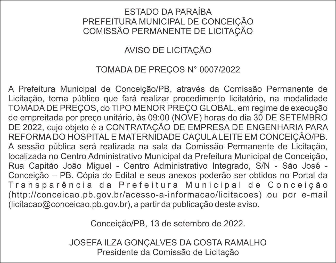 PREFEITURA MUNICIPAL DE CONCEIÇÃO – AVISO DE LICITAÇÃO – TOMADA DE PREÇOS N° 0007/2022