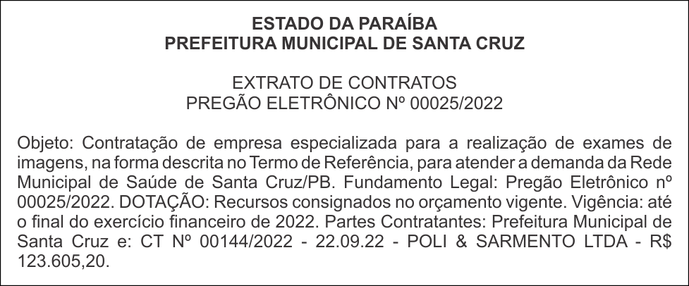 PREFEITURA MUNICIPAL DE SANTA CRUZ – EXTRATO DE CONTRATOS PREGÃO ELETRÔNICO Nº 00025/2022