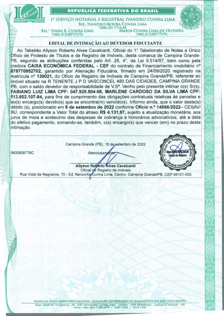 EDITAL DE INTIMAÇÃO AO DEVEDOR FIDUCIANTE