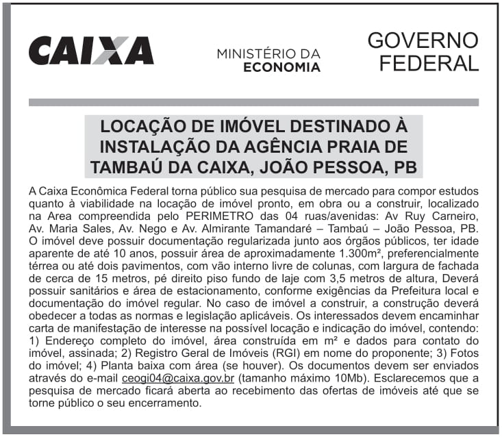 CAIXA ECONÔMICA FEDERAL – DF – BRASILIA – LOCAÇÃO DE IMÓVEL DESTINADO À INSTALAÇÃO DA AGÊNCIA PRAIA DE TAMBAÚ DA CAIXA, JOÃO PESSOA, PB
