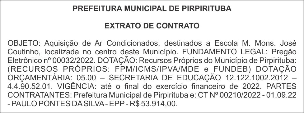 PREFEITURA MUNICIPAL DE PIRPIRITUBA – EXTRATO DE CONTRATO