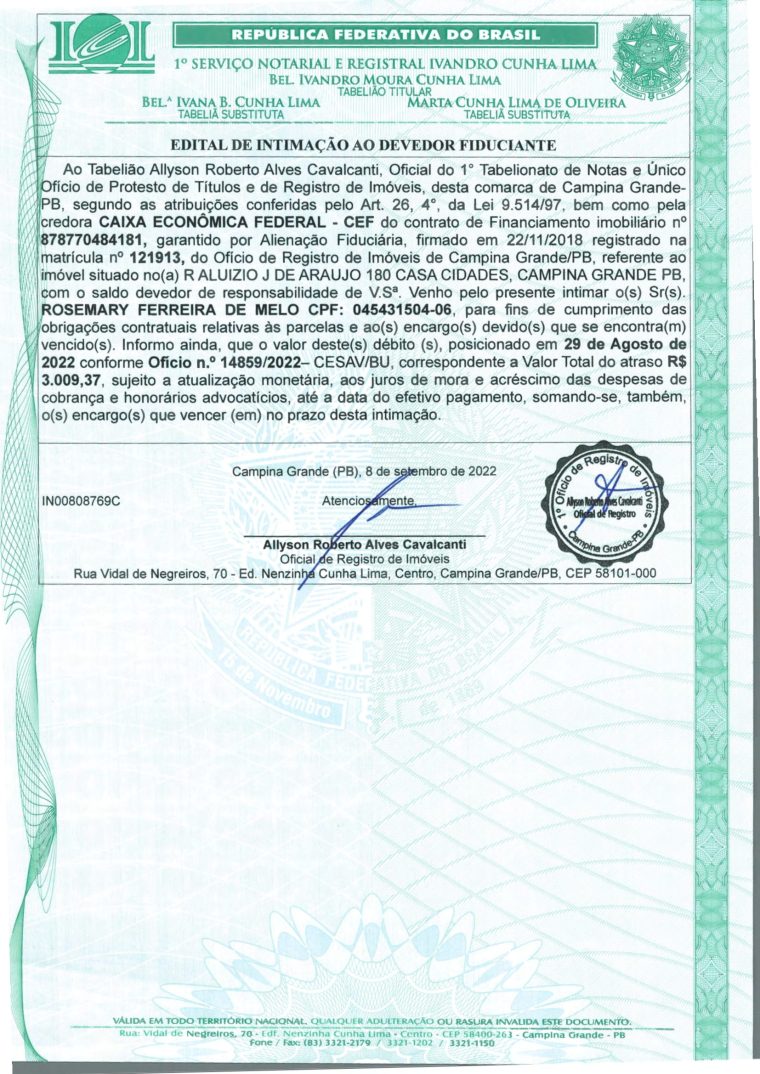 EDITAL DE INTIMAÇÃO AO DEVEDOR FIDUCIANTE