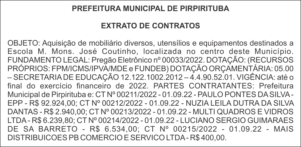 PREFEITURA MUNICIPAL DE PIRPIRITUBA – EXTRATO DE CONTRATOS