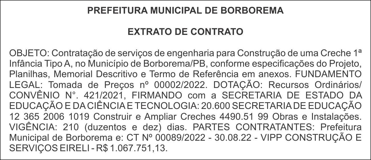 PREFEITURA MUNICIPAL DE BORBOREMA  – EXTRATO DE CONTRATO