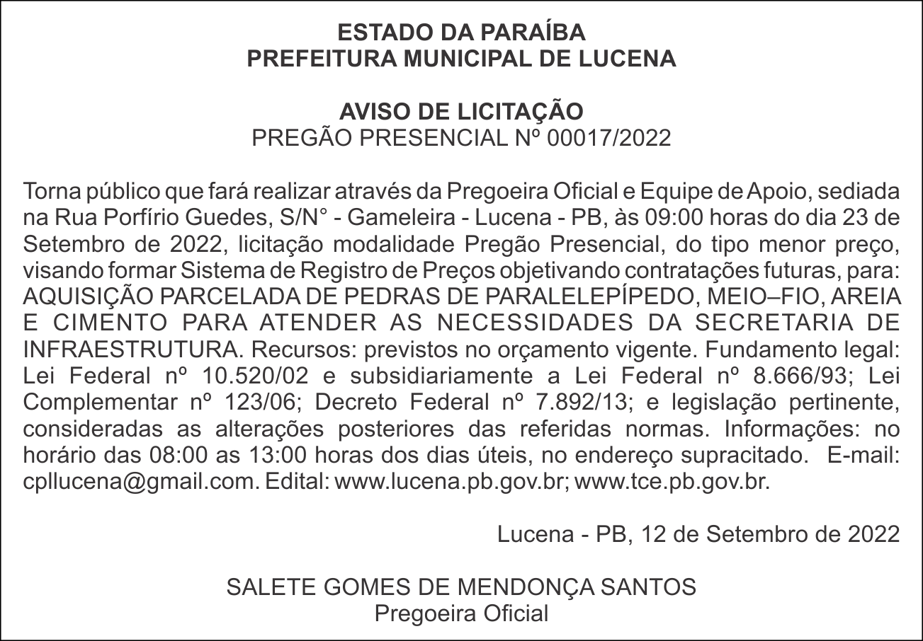 PREFEITURA MUNICIPAL DE LUCENA – AVISO DE LICITAÇÃO PREGÃO PRESENCIAL Nº 00017/2022