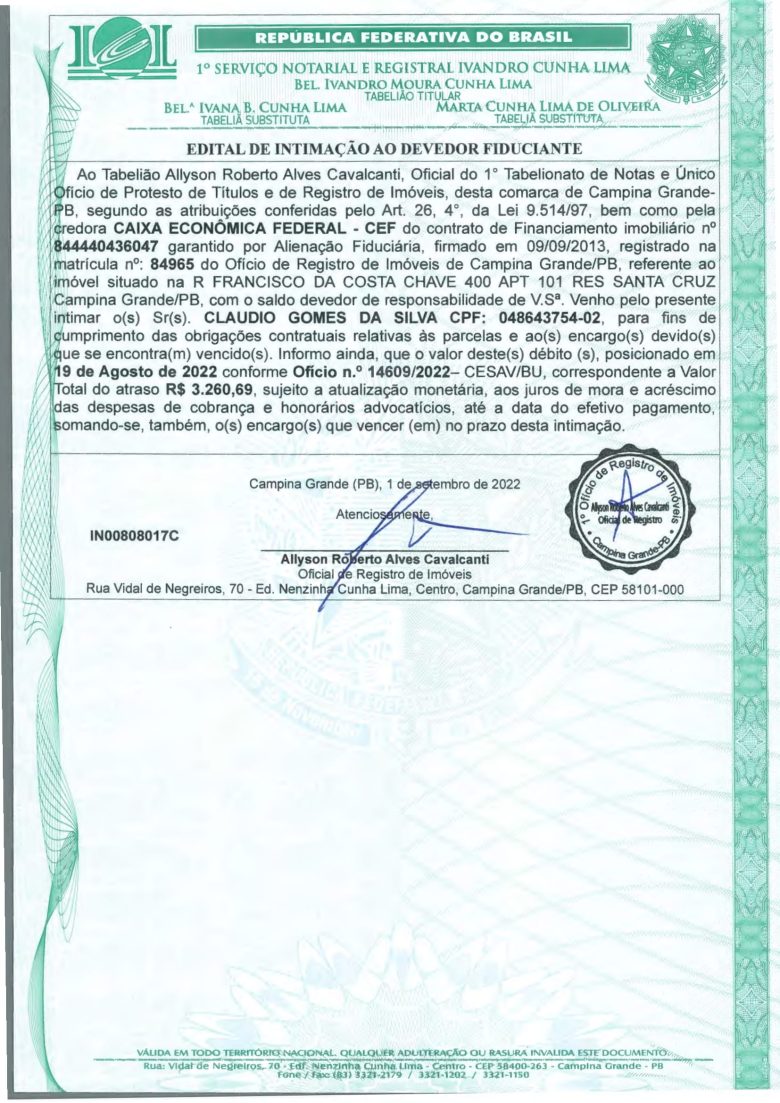 EDITAL DE INTIMAÇÃO AO DEVEDOR FIDUCIANTE
