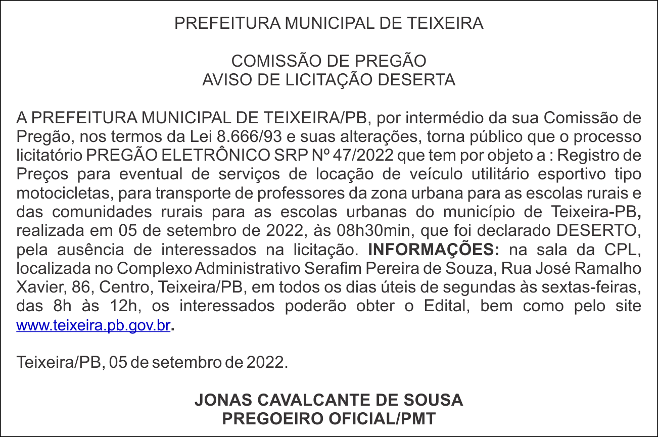PREFEITURA MUNICIPAL DE TEIXEIRA – AVISO DE LICITAÇÃO DESERTA