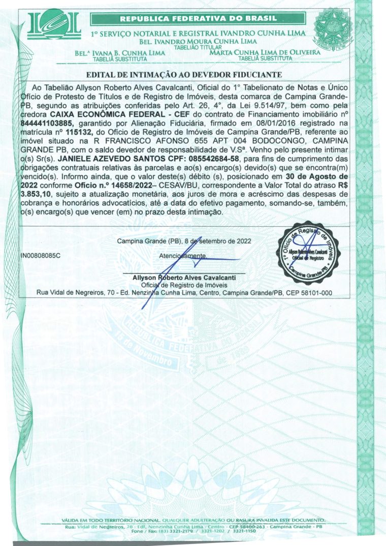 EDITAL DE INTIMAÇÃO AO DEVEDOR FIDUCIANTE