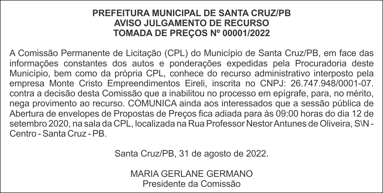 PREFEITURA MUNICIPAL DE SANTA CRUZ/PB – AVISO JULGAMENTO DE RECURSO – TOMADA DE PREÇOS Nº 00001/2022