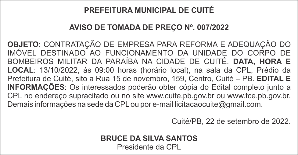 PREFEITURA MUNICIPAL DE CUITÉ – AVISO DE TOMADA DE PREÇO N°. 007/2022