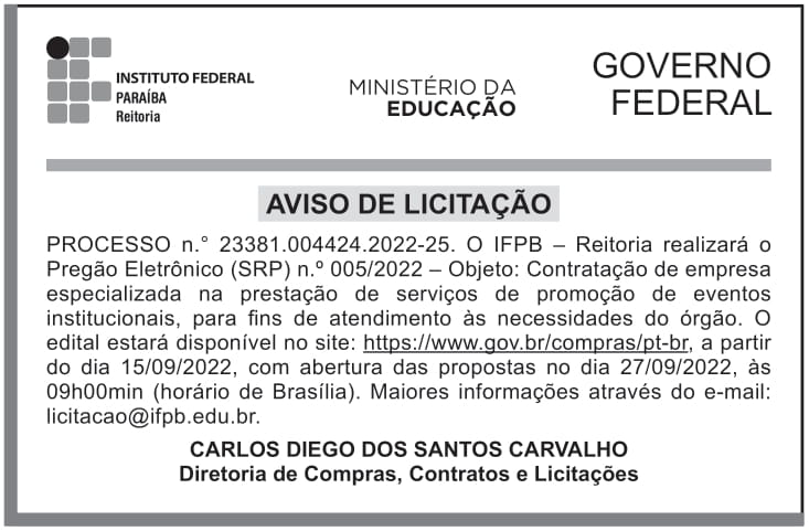 IFPB – PB – JOÃO PESSOA – EDITAL – PREGÃO ELETRÔNICO (SRP) n.° 005/2022 – REITORIA (Alteração)
