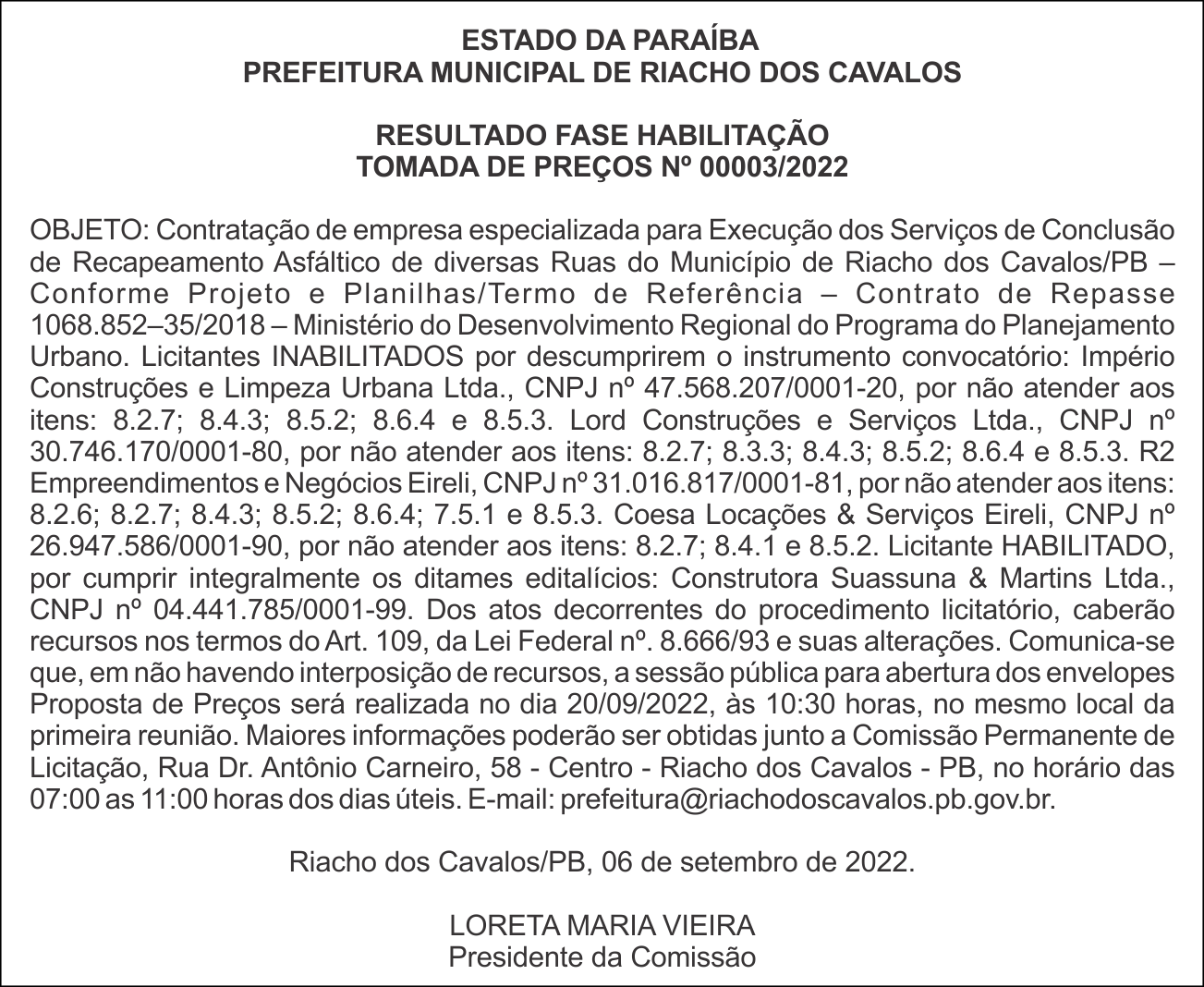 PREFEITURA MUNICIPAL DE RIACHO DOS CAVALOS – RESULTADO FASE HABILITAÇÃO – TOMADA DE PREÇOS Nº 00003/2022