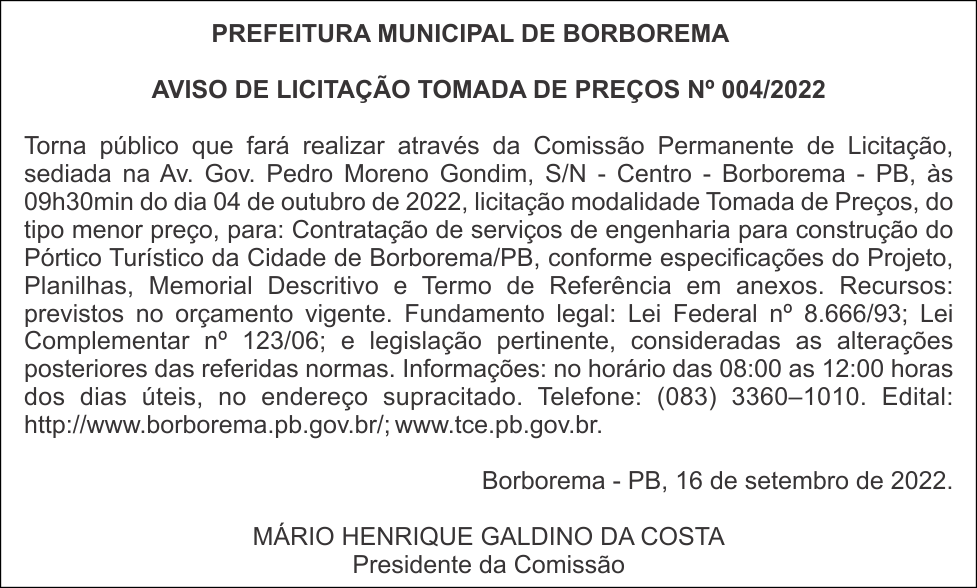 PREFEITURA MUNICIPAL DE BORBOREMA  AVISO DE LICITAÇÃO TOMADA DE PREÇOS Nº 004/2022