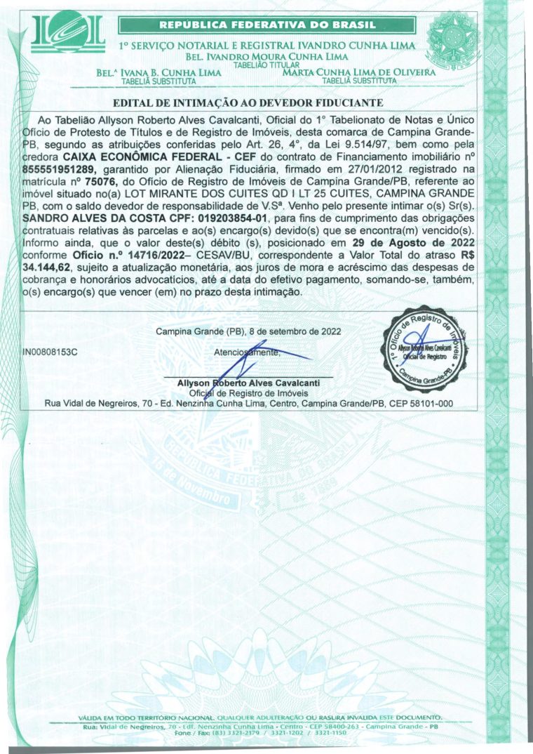 EDITAL DE INTIMAÇÃO AO DEVEDOR FIDUCIANTE