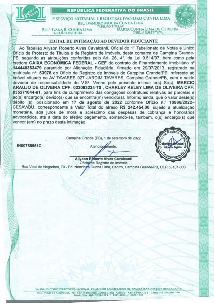 EDITAL DE INTIMAÇÃO AO DEVEDOR FIDUCIANTE