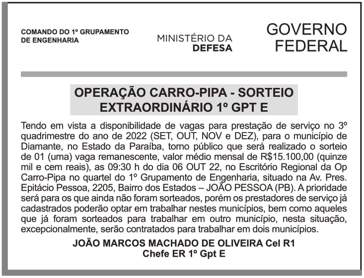 CMDO 1° GPTE – JOÃO PESSOA – PB – Operação Carro-Pipa – Sorteio Extraordinário 1° Gpt E
