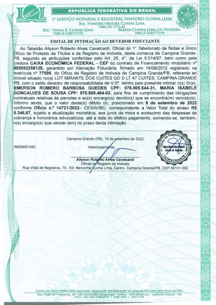 EDITAL DE INTIMAÇÃO AO DEVEDOR FIDUCIANTE