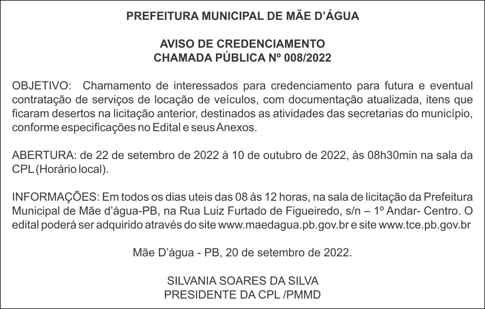 PREFEITURA MUNICIPAL DE MÃE D’ÁGUA  – AVISO DE CREDENCIAMENTO – CHAMADA PÚBLICA Nº 008/2022
