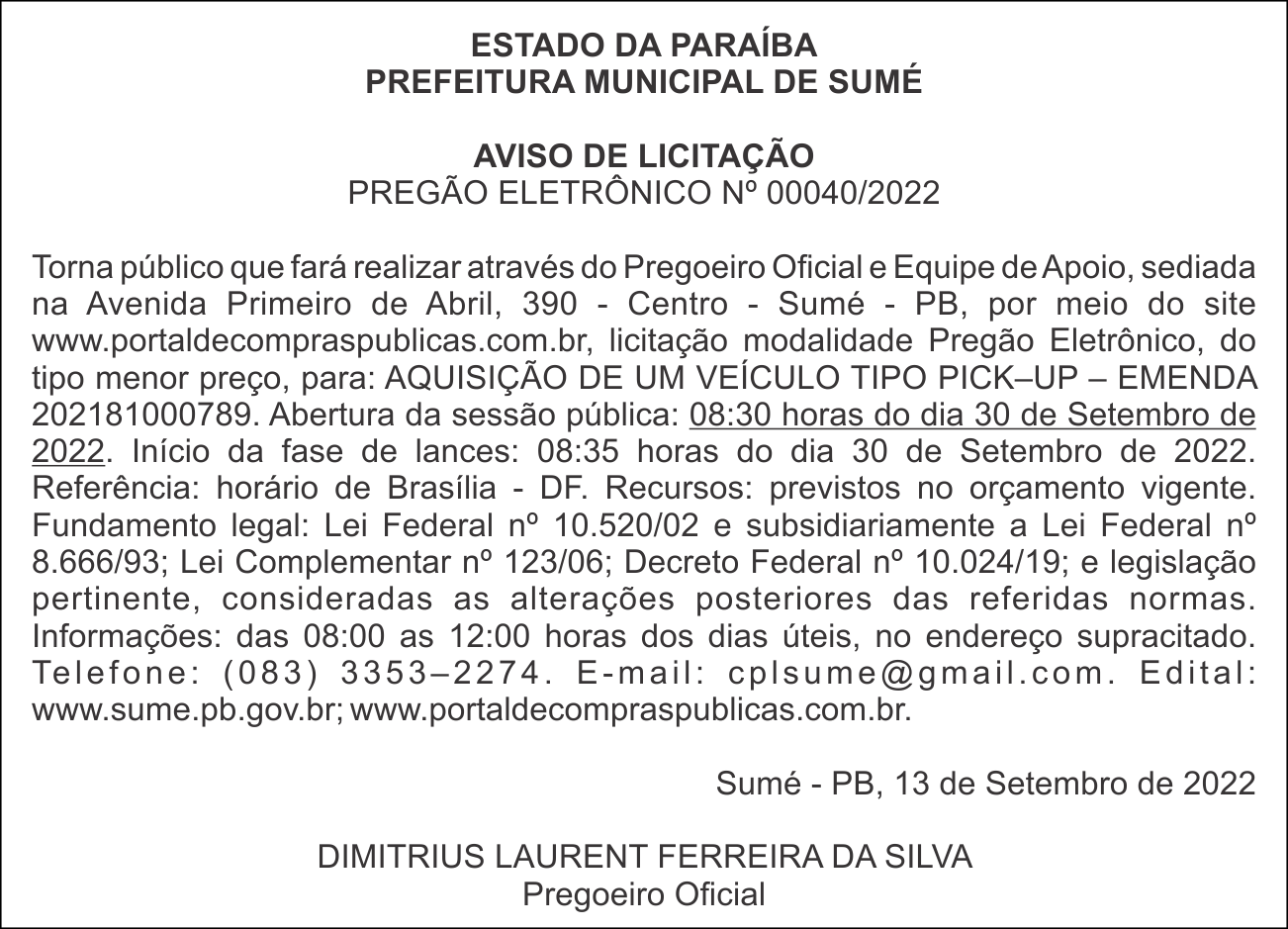 PREFEITURA MUNICIPAL DE SUMÉ – AVISO DE LICITAÇÃO – PREGÃO ELETRÔNICO Nº 00040/2022