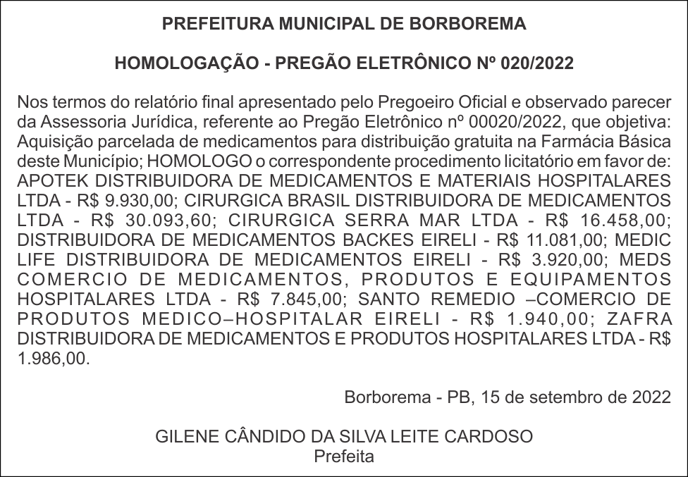 PREFEITURA MUNICIPAL DE BORBOREMA – HOMOLOGAÇÃO – PREGÃO ELETRÔNICO Nº 020/2022