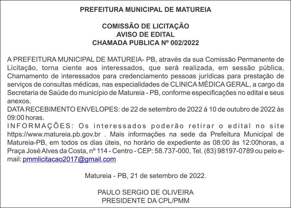 PREFEITURA MUNICIPAL DE MATUREIA – AVISO DE EDITAL – CHAMADA PUBLICA Nº 002/2022