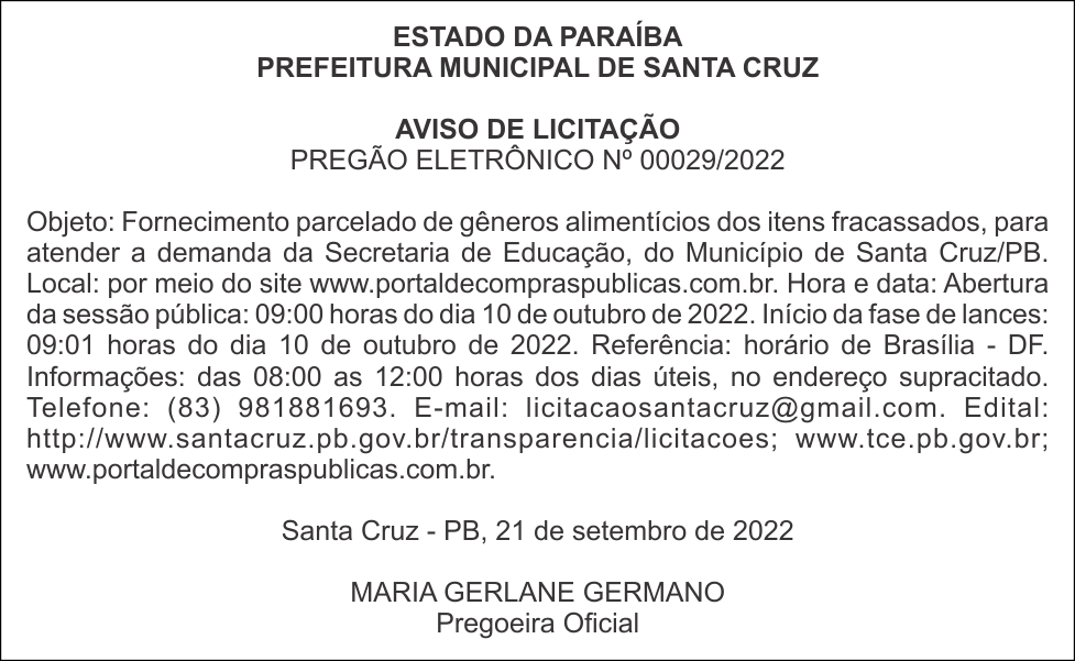 PREFEITURA MUNICIPAL DE SANTA CRUZ  – AVISO DE LICITAÇÃO – PREGÃO ELETRÔNICO Nº 00029/2022